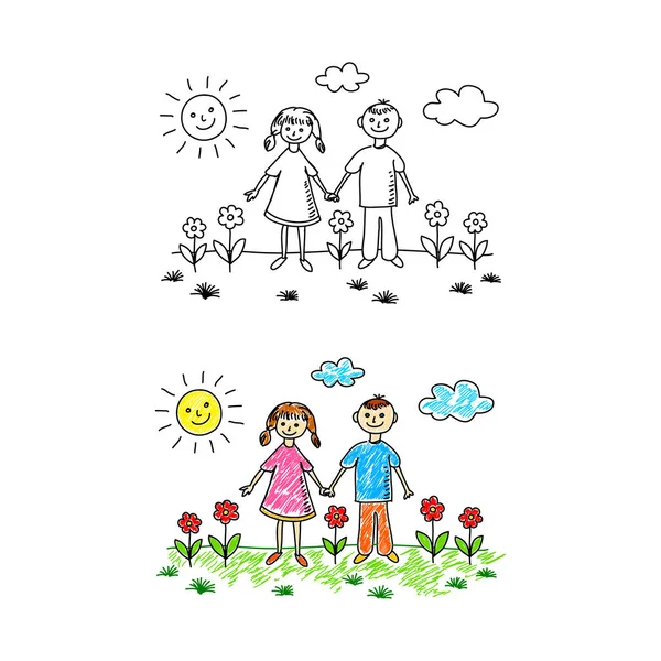 Bambini Felici Sul Prato Illustrazione Vettoriale — Vettoriale Stock
