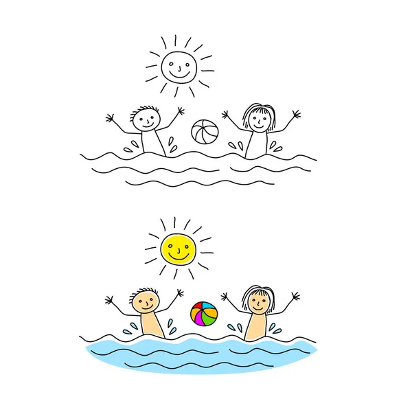 Εικονογράφηση Των Παιδιών Που Κολυμπούν Θερινή Ημέρα — Διανυσματικό Αρχείο