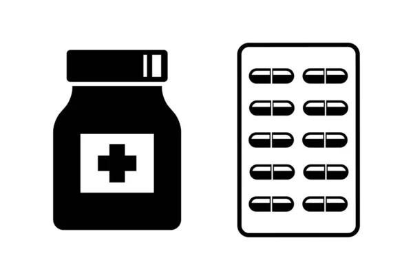 Medizinische Flasche Und Pillen Vektor Symbol Auf Weißem Hintergrund — Stockvektor