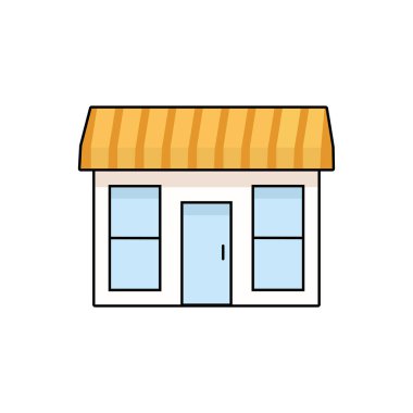 Bina simgesini, dükkan cephesi illüstrasyonunu çizgi film düz tasarım tarzında sakla