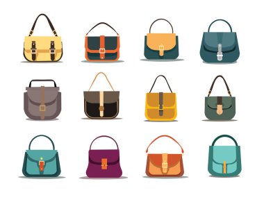 Düz tasarım tarzı kadın çanta vektör illüstrasyonu, çizgi film tarzında askı çantası simgesi, modaya uygun kadın çantaları