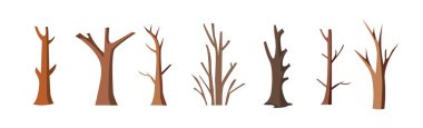 Kuru ağaç resim koleksiyonu. Çizgi film tarzında eski bir ağaç dalı. Ağaç silueti izole edilmiş vektör çizim elementleri kümesi