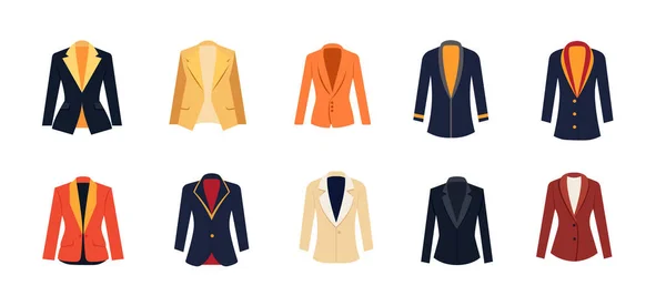 ブレザーまたはスーツのジャケットのアイコン コレクション フォーマルウェアまたは正式な服のセット フロントビュー — ストックベクタ