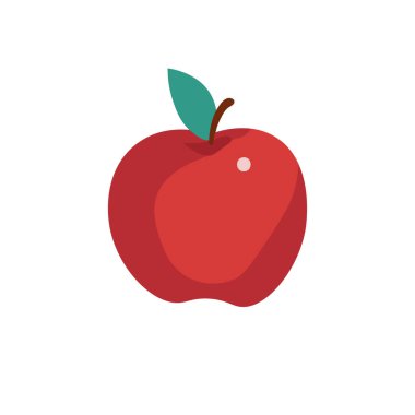 Yeşil yapraklı kırmızı elma meyvesi düz tasarım tarzında, bilginin sembolü.