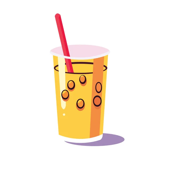 Yellow Boba Tea Golden Bubble Milk Tea Plastic Cup Straw — Stock Vector