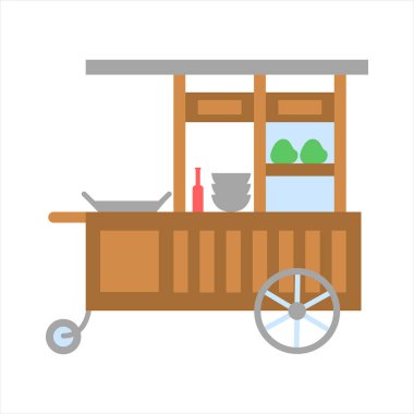 Gerobak nasi goreng abang-abang, warung penjual mie goreng ve nasi mawut, kızarmış pirinç arabası, düz vektör çizimi