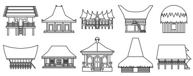 Endonezya geleneksel ev koleksiyonu, çizgi sanatı tarzında rumah adat vektör çizimi seti