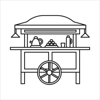 Gerobak rombong angkringan nasi kucing in line art style, Geleneksel yemek arabası çizimi