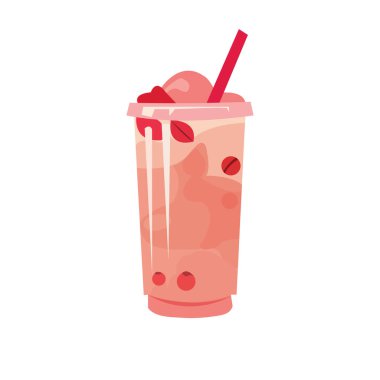 Pembe köpüklü çay, vektör illüstrasyonu, düz dizayn edilmiş kırmızı boba sütlü çay resmi. 
