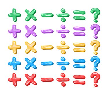Matematik sembolü set vektörü, matematik simgesi koleksiyonu, artı çarpım eksi bölme eşitliği soru işareti