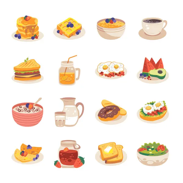 Food for breakfast vector illustration. Healthy breakfast in cartoon style. Buttermilk, pancake, outmeal, porridge, coffee, sandwich,sandwiches,orange juice, fried eggs