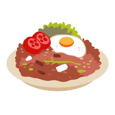 Kızarmış pirinç vektör çizimi, tabakta yumurta ve sebzelerle.
