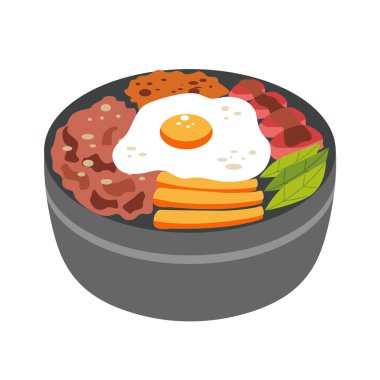 Yumurta ve sebzeli sığır eti, kâsede Japon yemeği, düz vektör çizimi.