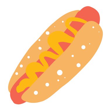 Sosisli sandviç çizimi, hardallı ve sosisli ızgara, beyaz arka planda izole edilmiş.