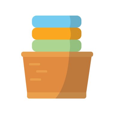 Sepette kuru kıyafetler, düz ikon karikatür, çamaşır sepetinde temiz kıyafetler, beyaz arkaplanda izole edilmiş vektör çizimi.