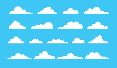 Beyaz karikatür bulutları koleksiyonu, düz dizayn tarzı vektör illüstrasyonunda bulutlar