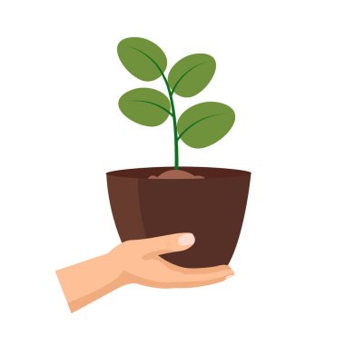 El ele tutuşan genç ağaç, çiftçi bitki tohumları getiriyor, karikatür insan eli bir saksı taşıyor, düz ikon vektör çizimi
