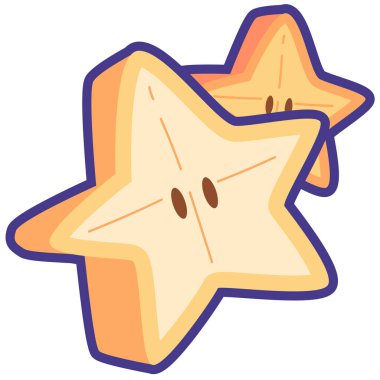 Çizgi film sarı yıldız meyve vektör illüstrasyonu, karambola meyve dilimleri, düz simge tasarımı, beyaz arkaplanda izole edilmiş buah imge