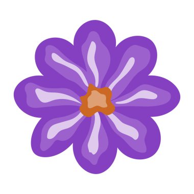 Parlak mor çiçek başları, karikatür menekşesi süsleme için, dekoratif doğa elementleri beyaz arkaplanda izole edilmiş.