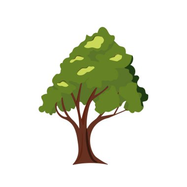 Beyaz zemin üzerinde izole edilmiş tek bir ağaç, yeşil yapraklı karikatür tropikal ağaç, düz vektör çizimi