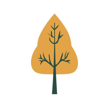 Çizgi film sonbahar ağacı çizimi, düz dizayn edilmiş sarı sonbahar ağacı resmi, sarı yapraklı basit ağaç, beyaz arkaplanda izole edilmiş.