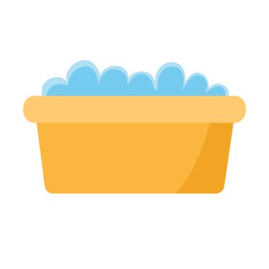 Plastik çamaşır yıkama havuzu ikonu, plastik çamaşır küvetinde deterjan köpüğü, ev temizlik malzemeleri, düz tasarım vektör çizimi.