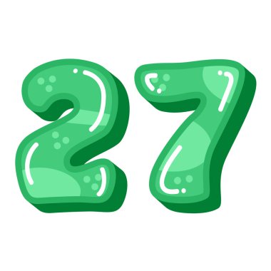 Cute funny number 27 twenty seven vector illustration, green number 27 image in cartoon style clipart