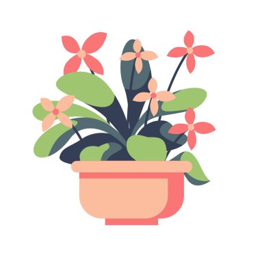 Saksı vektör illüstrasyonunda ev bitkisi, çiçek saksısı ikonu, tatlı çiçek bitkisi klipsi, beyaz arkaplanda izole edilmiş.
