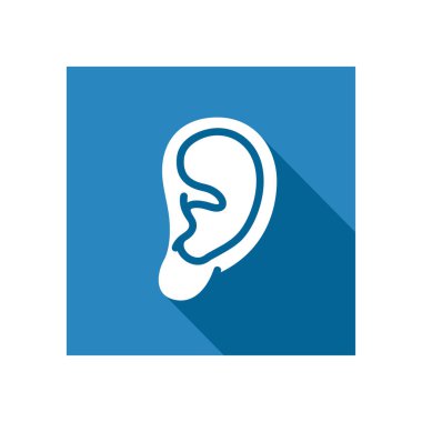 Kulak düzlüğü simgesi, insan kulak vektörü görüntüsü, işitme duyusu illüstrasyonu, mavi kare simge, uzun gölgeli düz tasarım