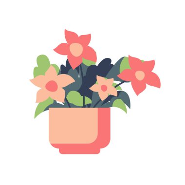 Saksıda tatlı pembe çiçek, saksıda sevimli ev bitkisi, düz tasarım vektör çizimi, dekoratif çiçek elementleri vektörü