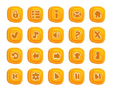 Çizgi film biçimi, düz vektör illüstrasyonu, mobil uygulama düğmesi koleksiyonu ile video oyunu düğmesi ayarlandı