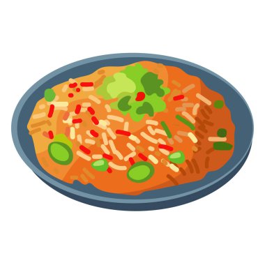 Endonezya nasi goreng vektör çizimi, tabakta kızarmış pirinç asyalı yemeği, beyaz arka planda izole edilmiş.