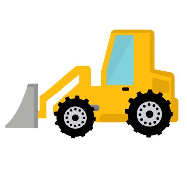 Sarı traktör düz ikon tasarımı, çizgi film buldozer vektör çizimi, ağır inşaat ekipmanları klipsi, makine klipsi sanatı izole edilmiş.