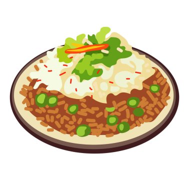 Kızarmış pirinç tabağı çizimi, beyaz arka planda izole edilmiş, ızgara pirinç klipsli sanat resmi, tabakta sebzeli pilav.