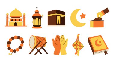İslam düz simgesi seti, karikatür ramazan ögeleri vektör illüstrasyonu, bayram mübarek simgesi koleksiyonu