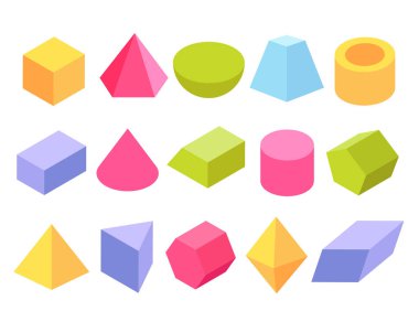 Geometrik 3d temel şekiller vektör illüstrasyon seti, renkli geometrik şekiller, matematik eğitimi konsepti