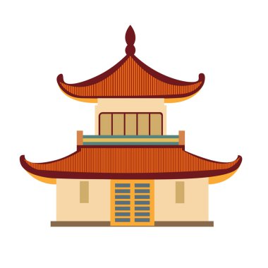Antik Çin evi imajı, Asya geleneksel binası ön cephe sanatı, düz tasarım illüstrasyon, Çin pavyonu mimarisi. 