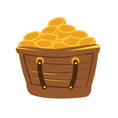 Altın sikkeli hazine sandığı vektör illüstrasyonu, altın dolu açık korsan tahta sandık, beyaz arka planda izole edilmiş, para kutusu