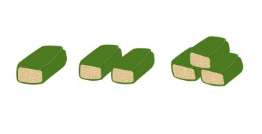 Tempe vektör illüstrasyon seti beyaz arkaplanda izole edilmiş, ham tempeh muz yapraklarına sarılmış