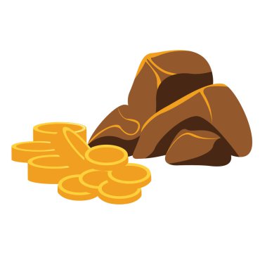 Hazine altın sikkeleri ve taşlar, vektör çizim elementleri, beyaz arka planda izole