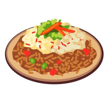 Kızarmış pirinç vektör çizimi beyaz arka planda izole edilmiş yumurta ve sebzeli kızarmış pirinç menüsü.