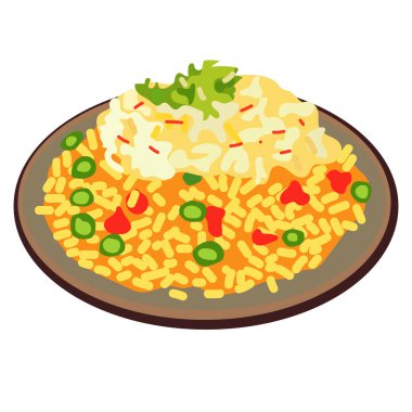 Geleneksel sebze kızartılmış pirinç vektör çizimi, vejetaryen kızarmış pirinç klipsi sanatı beyaz arka planda izole edilmiş.