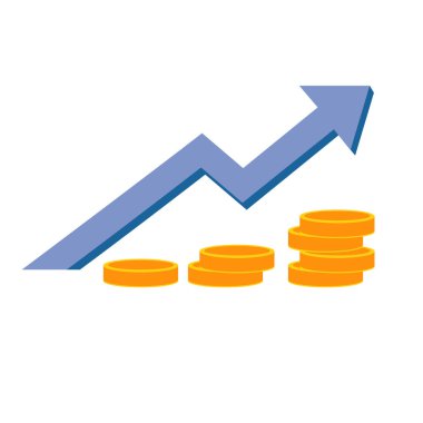 Finansal iyileştirme vektör illüstrasyonu, ticari kâr büyümesi, oklu bozuk para yığını, ekonomi grafiği, uzun vadeli yatırım