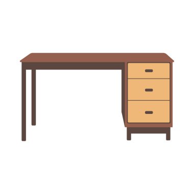 Çekmeceli çalışma masası düz illüstrasyon, ahşap ofis masa vektör resmi, kahverengi bilgisayar masa klipsi sanatı