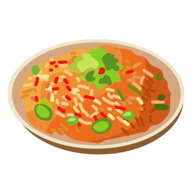 Kızarmış pirinç, yeşil bezelye vektör çizimi, baharatlı pirinç klipsi sanat resmi, beyaz arka planda izole edilmiş.