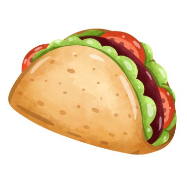 Taco illüstrasyon vektörü, taco klipsli sanat suluboya resim tarzı, Meksika geleneksel yemek imajı.