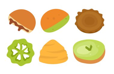 Indonesian traditional snack food icon set, flat vector illustration, pia bakpia pukis cucur kucur kembang goyang sus lumpur apem, list of classic local snacks from indonesia