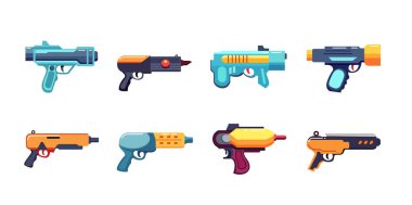 Modern futuristic gun vector illustration, laser blaster gun vector set, cartoon firearm weapon clipart, collection of toy gun vector image clipart