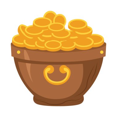 Treasure chest filled with golden coins, gold money container, vessel full of golden money coins, flat cartoon vector illustration clipart