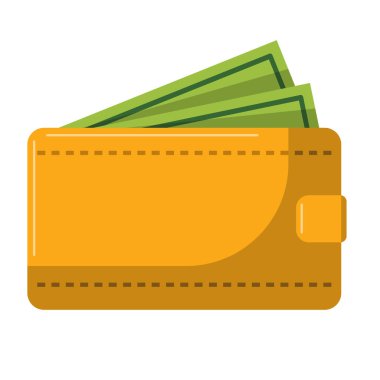 Para düz ikon vektör illüstrasyonlu sarı cüzdan, yeşil para klipsli cüzdan, beyaz arka planda izole